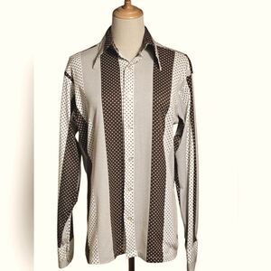 Lew Magram Vintage Men's Disco Polka Dot Striped Shirt - Brown and White